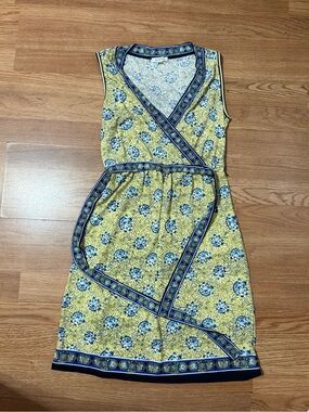 Max Studio Yellow and Blue Floral Faux-Wrap Midi Dress